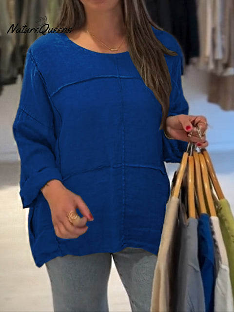 Women's Solid Color Round Neck Long Sleeve Casual Cotton and Linen Top