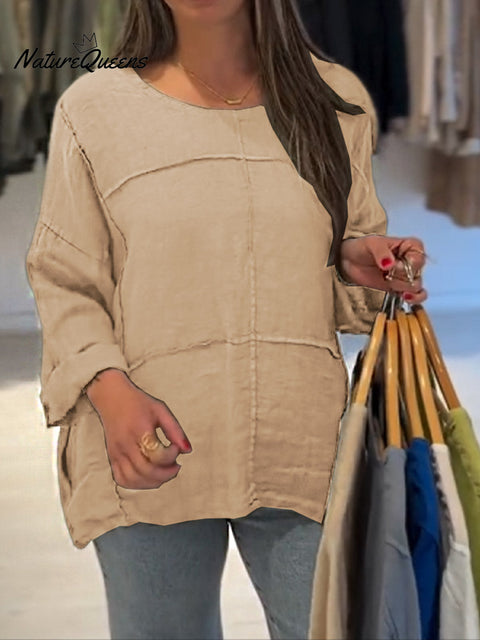 Women's Solid Color Round Neck Long Sleeve Casual Cotton and Linen Top