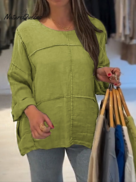 Women's Solid Color Round Neck Long Sleeve Casual Cotton and Linen Top