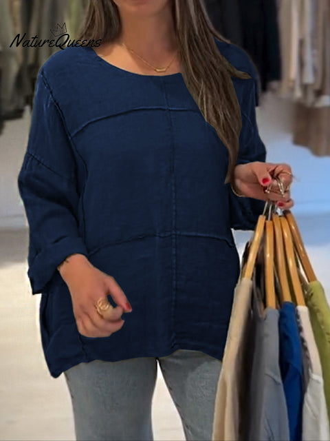 Women's Solid Color Round Neck Long Sleeve Casual Cotton and Linen Top