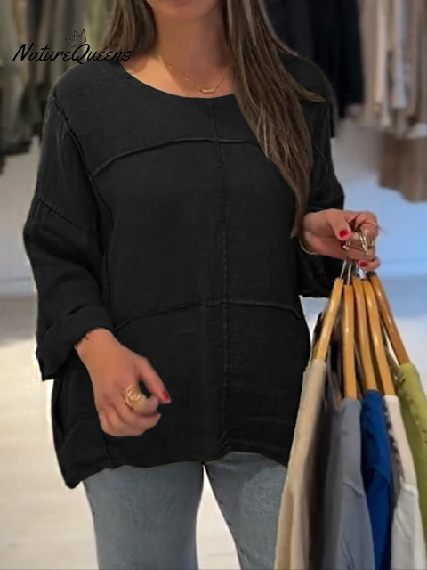 Women's Solid Color Round Neck Long Sleeve Casual Cotton and Linen Top