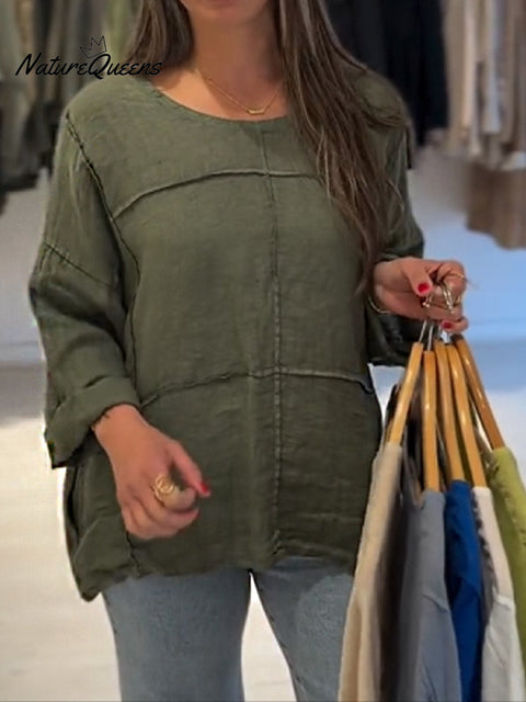 Women's Solid Color Round Neck Long Sleeve Casual Cotton and Linen Top