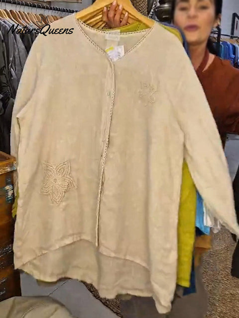 Women's Solid Color Embroidered V-Neck Long Sleeve Casual Cotton and Linen Cardigan Top