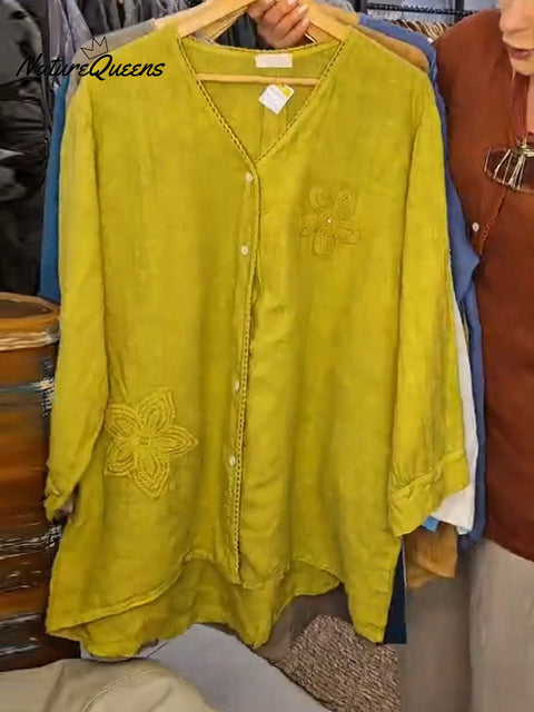 Women's Solid Color Embroidered V-Neck Long Sleeve Casual Cotton and Linen Cardigan Top