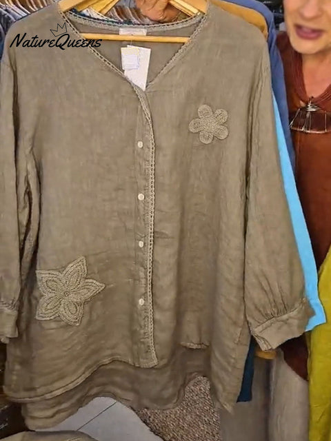 Women's Solid Color Embroidered V-Neck Long Sleeve Casual Cotton and Linen Cardigan Top