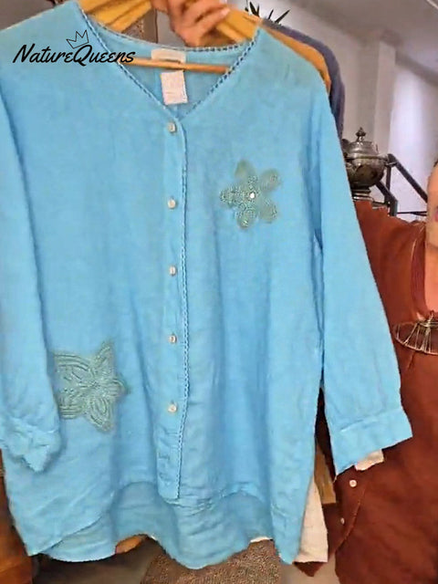 Women's Solid Color Embroidered V-Neck Long Sleeve Casual Cotton and Linen Cardigan Top