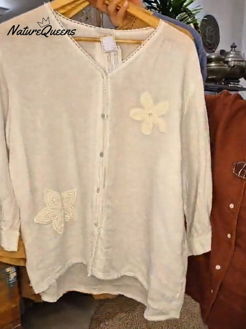 Women's Solid Color Embroidered V-Neck Long Sleeve Casual Cotton and Linen Cardigan Top