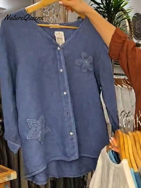 Women's Solid Color Embroidered V-Neck Long Sleeve Casual Cotton and Linen Cardigan Top