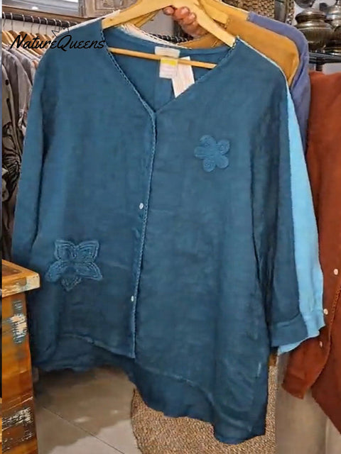 Women's Solid Color Embroidered V-Neck Long Sleeve Casual Cotton and Linen Cardigan Top