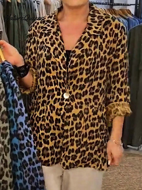 Women's Leopard Print Suit Collar Long Sleeve Casual Cotton and Linen Blazer