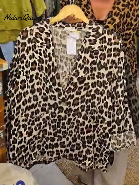 Women's Leopard Print Suit Collar Long Sleeve Casual Cotton and Linen Blazer