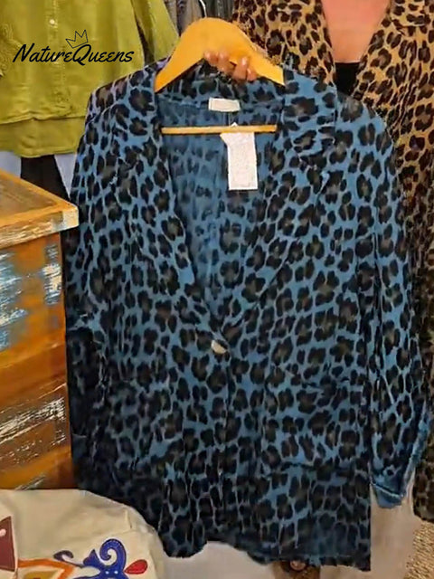 Women's Leopard Print Suit Collar Long Sleeve Casual Cotton and Linen Blazer