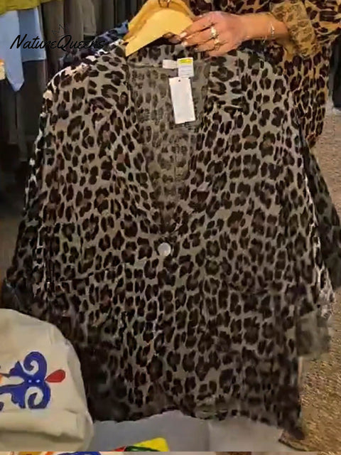 Women's Leopard Print Suit Collar Long Sleeve Casual Cotton and Linen Blazer