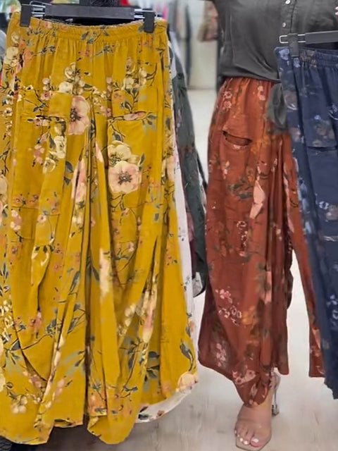 Women's Floral Print Elastic Waist Casual Cotton and Linen Wide-Leg Pants