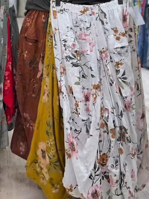 Women's Floral Print Elastic Waist Casual Cotton and Linen Wide-Leg Pants