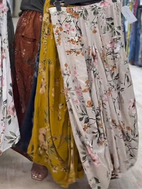 Women's Floral Print Elastic Waist Casual Cotton and Linen Wide-Leg Pants