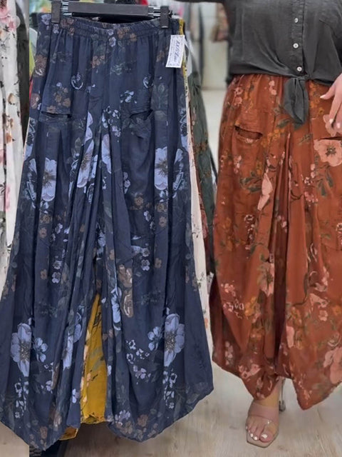 Women's Floral Print Elastic Waist Casual Cotton and Linen Wide-Leg Pants