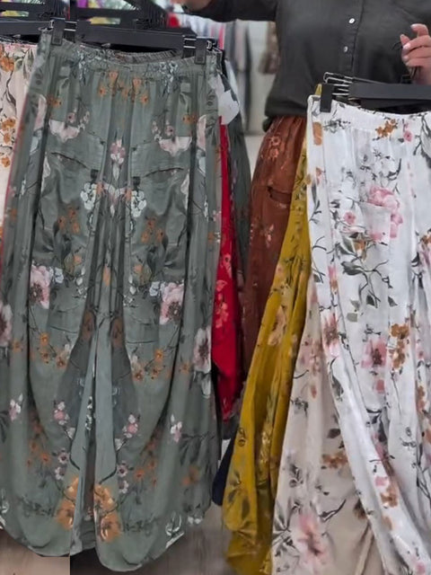 Women's Floral Print Elastic Waist Casual Cotton and Linen Wide-Leg Pants