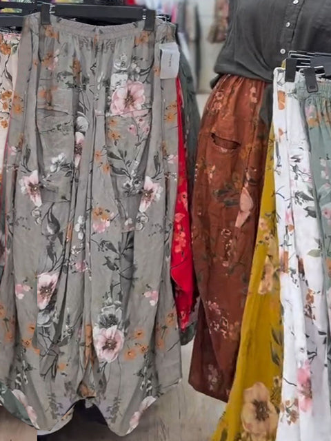 Women's Floral Print Elastic Waist Casual Cotton and Linen Wide-Leg Pants