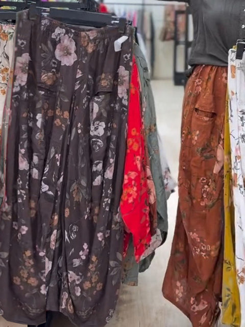 Women's Floral Print Elastic Waist Casual Cotton and Linen Wide-Leg Pants
