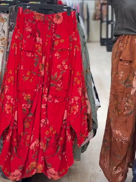 Women's Floral Print Elastic Waist Casual Cotton and Linen Wide-Leg Pants