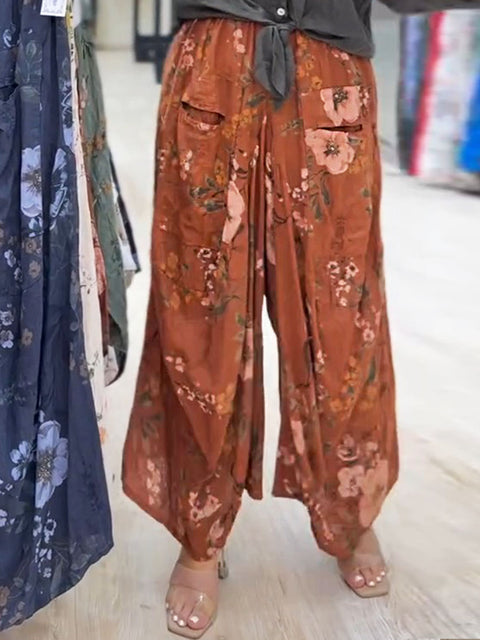 Women's Floral Print Elastic Waist Casual Cotton and Linen Wide-Leg Pants