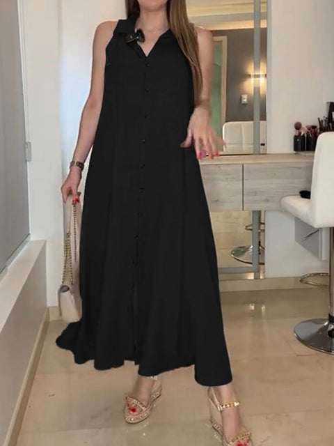 Women's Solid Color Lapel Sleeveless Casual Loose A-Line Cotton and Linen Dress