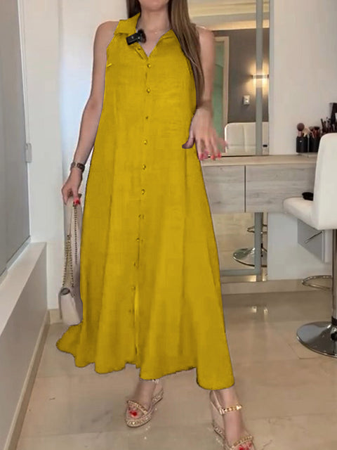 Women's Solid Color Lapel Sleeveless Casual Loose A-Line Cotton and Linen Dress