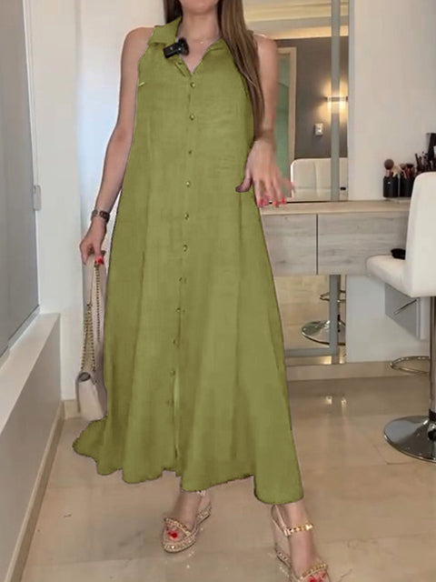 Women's Solid Color Lapel Sleeveless Casual Loose A-Line Cotton and Linen Dress