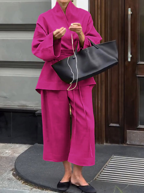 Women's Solid Color V-Neck Long Sleeve Lace-Up Top Casual Cotton and Linen Wide-Leg Pants Set
