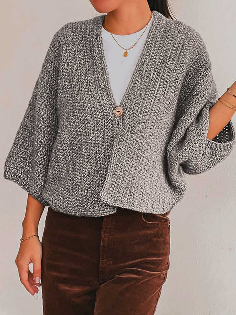Women's Solid Color V-Neck 3/4 Sleeve Casual Loose Cardigan Sweater