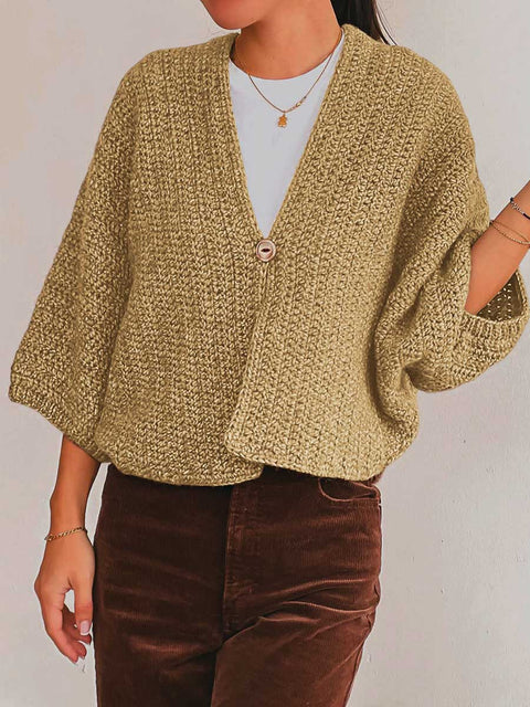 Women's Solid Color V-Neck 3/4 Sleeve Casual Loose Cardigan Sweater