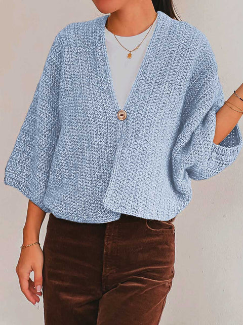 Women's Solid Color V-Neck 3/4 Sleeve Casual Loose Cardigan Sweater