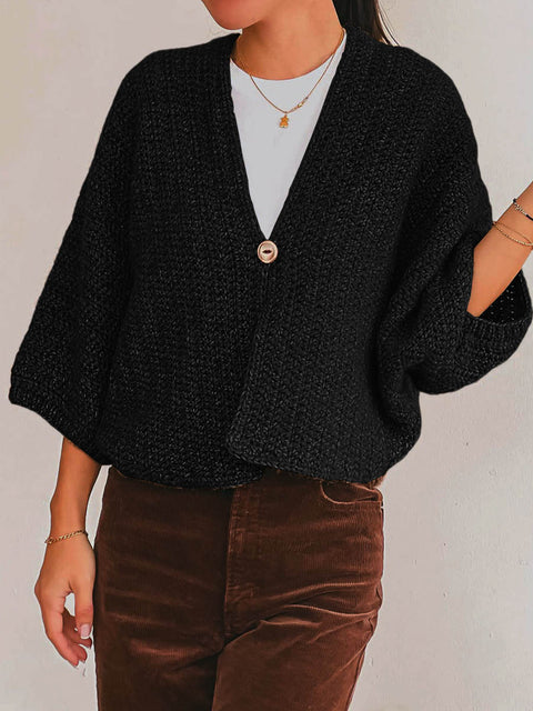 Women's Solid Color V-Neck 3/4 Sleeve Casual Loose Cardigan Sweater