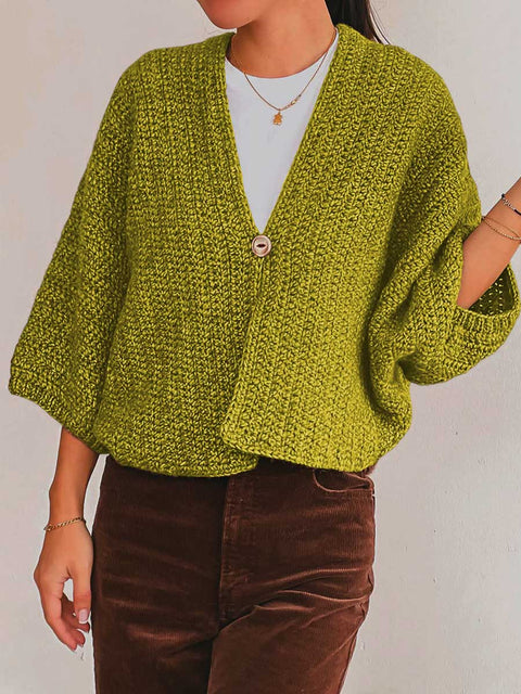 Women's Solid Color V-Neck 3/4 Sleeve Casual Loose Cardigan Sweater