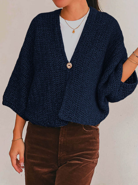 Women's Solid Color V-Neck 3/4 Sleeve Casual Loose Cardigan Sweater