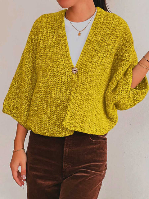 Women's Solid Color V-Neck 3/4 Sleeve Casual Loose Cardigan Sweater