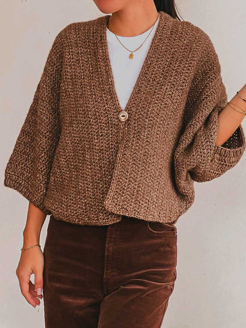 Women's Solid Color V-Neck 3/4 Sleeve Casual Loose Cardigan Sweater