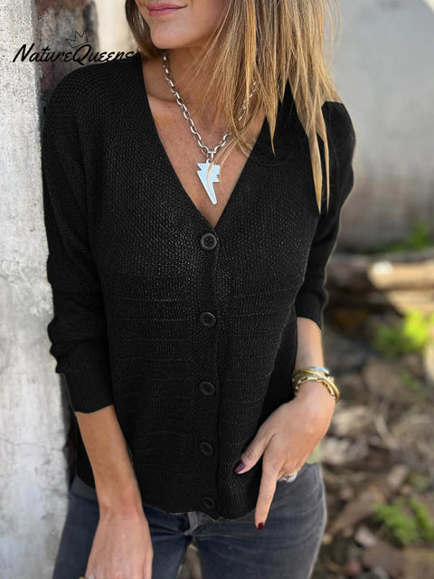 Women's Solid Color V-Neck Long Sleeve Casual Loose Knit Cardigan