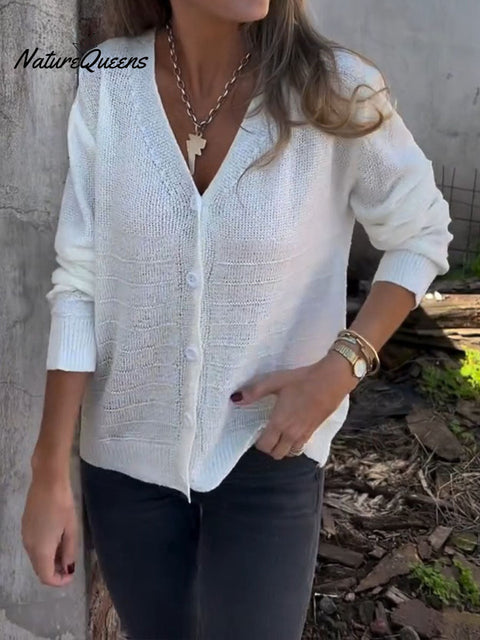 Women's Solid Color V-Neck Long Sleeve Casual Loose Knit Cardigan