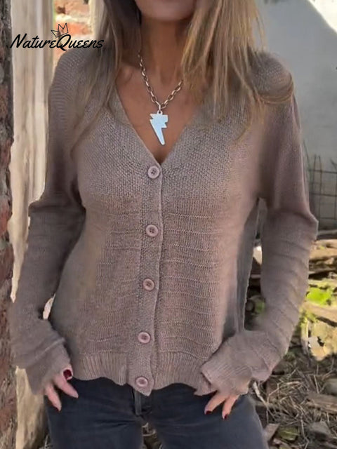 Women's Solid Color V-Neck Long Sleeve Casual Loose Knit Cardigan