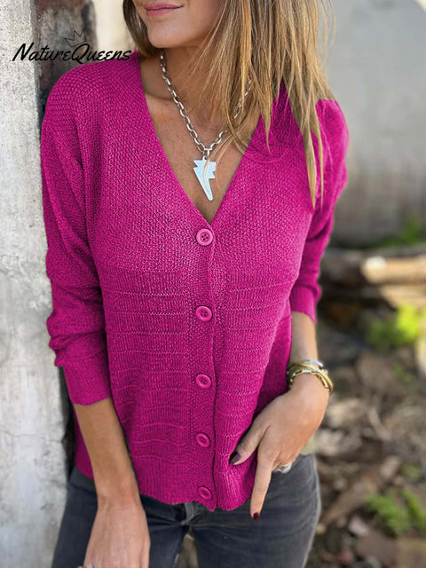Women's Solid Color V-Neck Long Sleeve Casual Loose Knit Cardigan