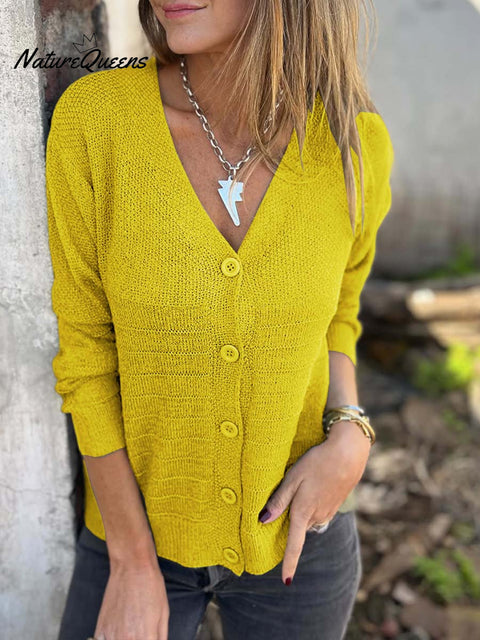 Women's Solid Color V-Neck Long Sleeve Casual Loose Knit Cardigan