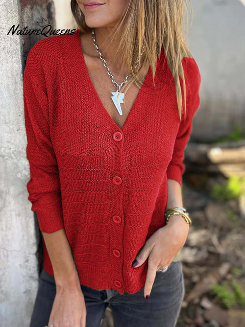 Women's Solid Color V-Neck Long Sleeve Casual Loose Knit Cardigan