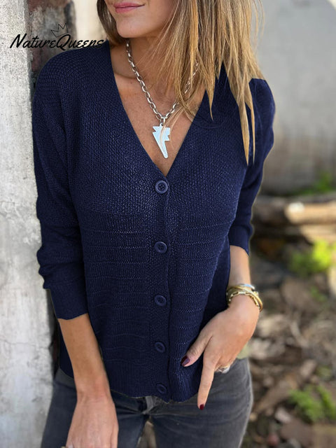 Women's Solid Color V-Neck Long Sleeve Casual Loose Knit Cardigan