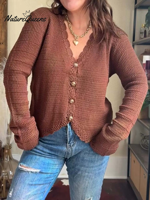 Women's Solid Color V-Neck Long Sleeve Casual Loose Knit Cardigan