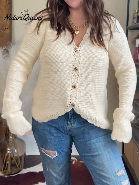 Women's Solid Color V-Neck Long Sleeve Casual Loose Knit Cardigan