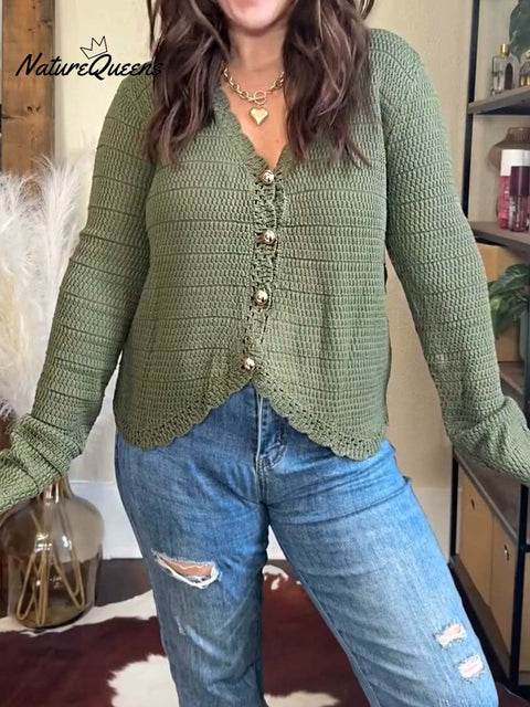 Women's Solid Color V-Neck Long Sleeve Casual Loose Knit Cardigan