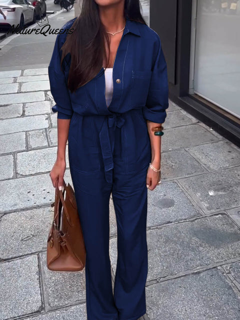 Women's Solid Color Lapel Long Sleeve Casual Loose Lace-up Cotton and Linen Wide-leg Jumpsuit