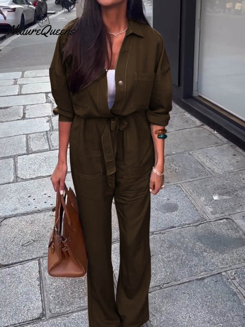 Women's Solid Color Lapel Long Sleeve Casual Loose Lace-up Cotton and Linen Wide-leg Jumpsuit